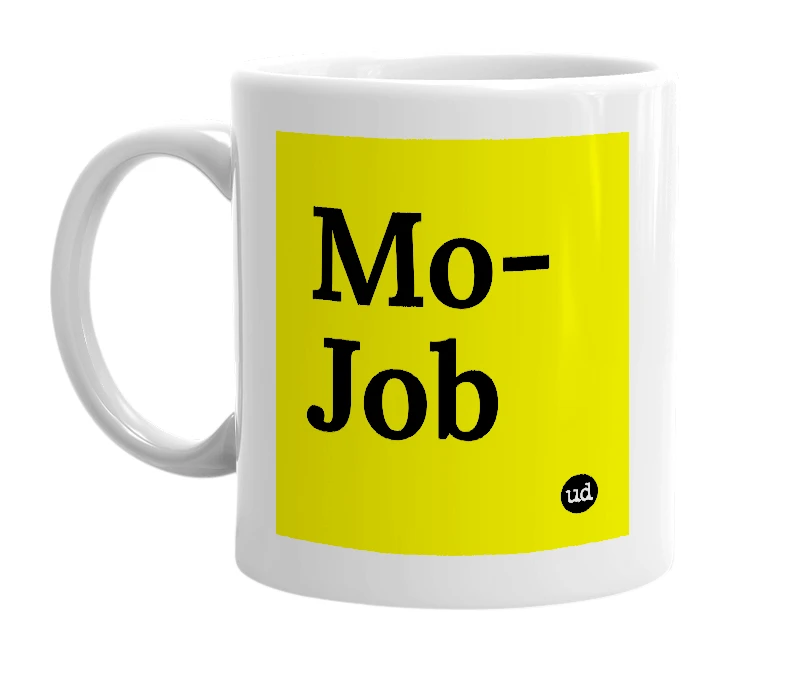 White mug with 'Mo-Job' in bold black letters