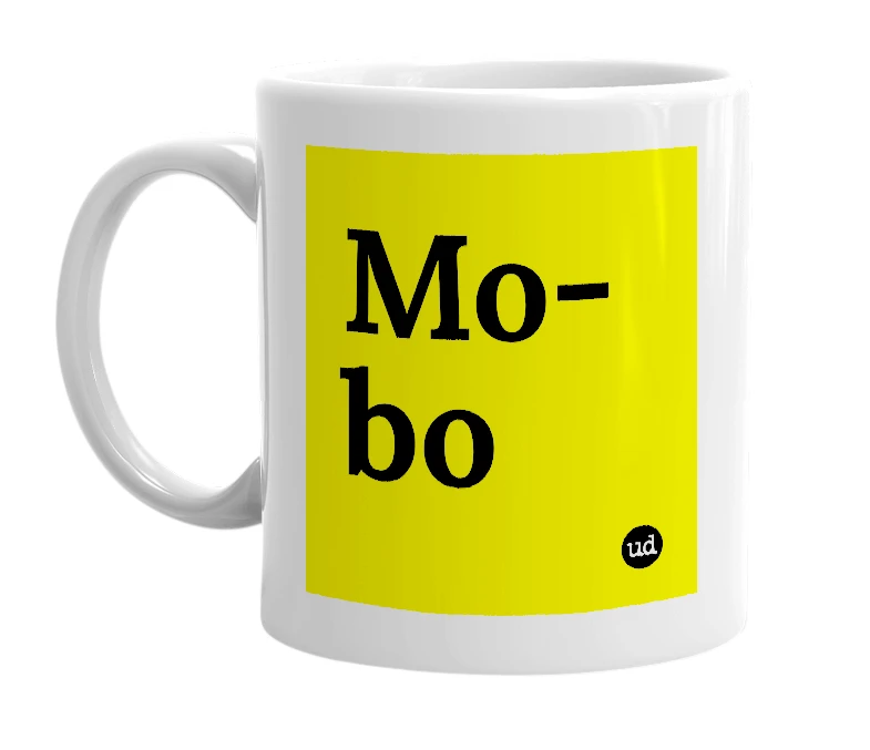 White mug with 'Mo-bo' in bold black letters