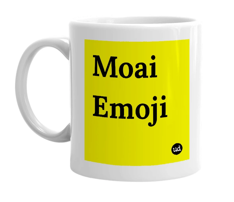 White mug with 'Moai Emoji' in bold black letters