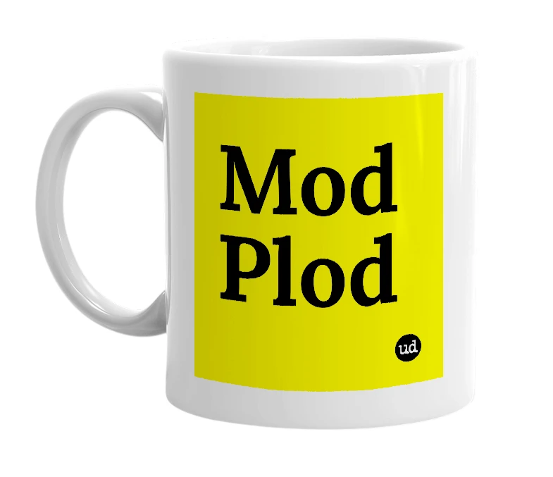 White mug with 'Mod Plod' in bold black letters