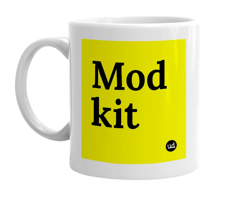 White mug with 'Mod kit' in bold black letters