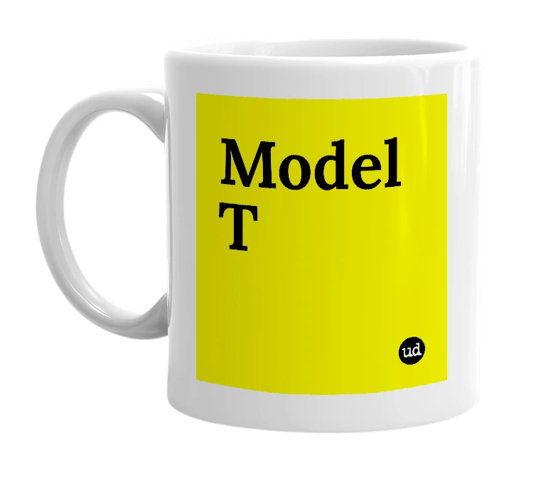 White mug with 'Model T' in bold black letters