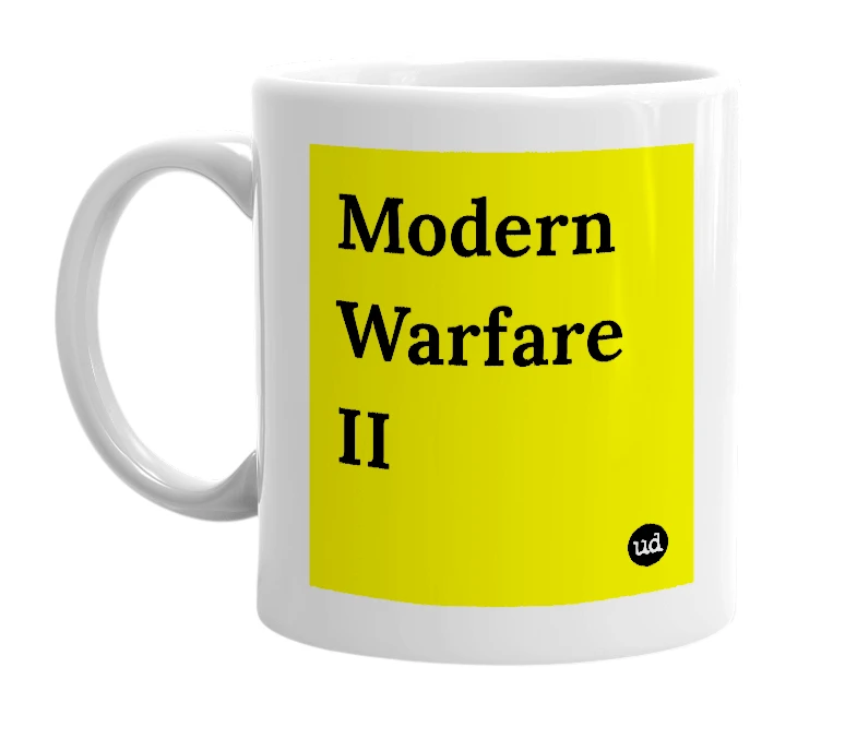 White mug with 'Modern Warfare II' in bold black letters