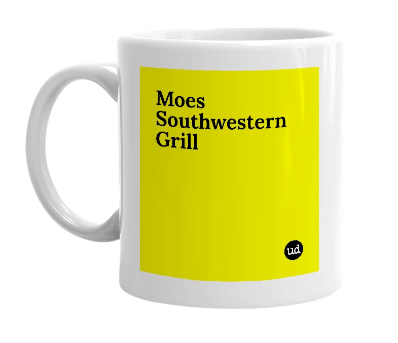 White mug with 'Moes Southwestern Grill' in bold black letters