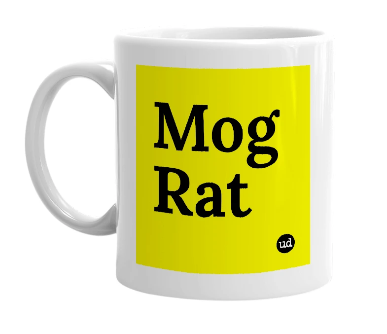 White mug with 'Mog Rat' in bold black letters