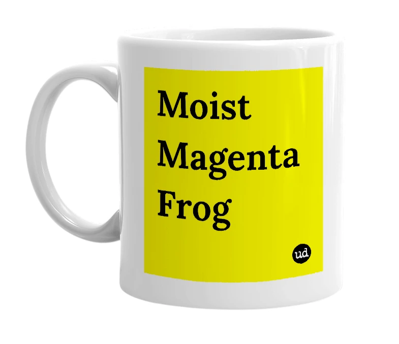 White mug with 'Moist Magenta Frog' in bold black letters