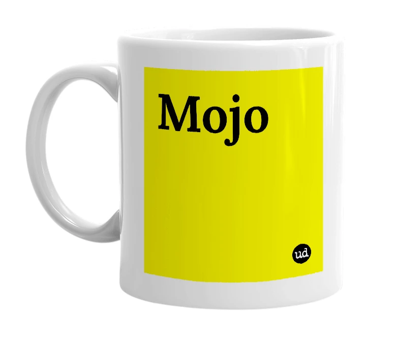White mug with 'Mojo' in bold black letters