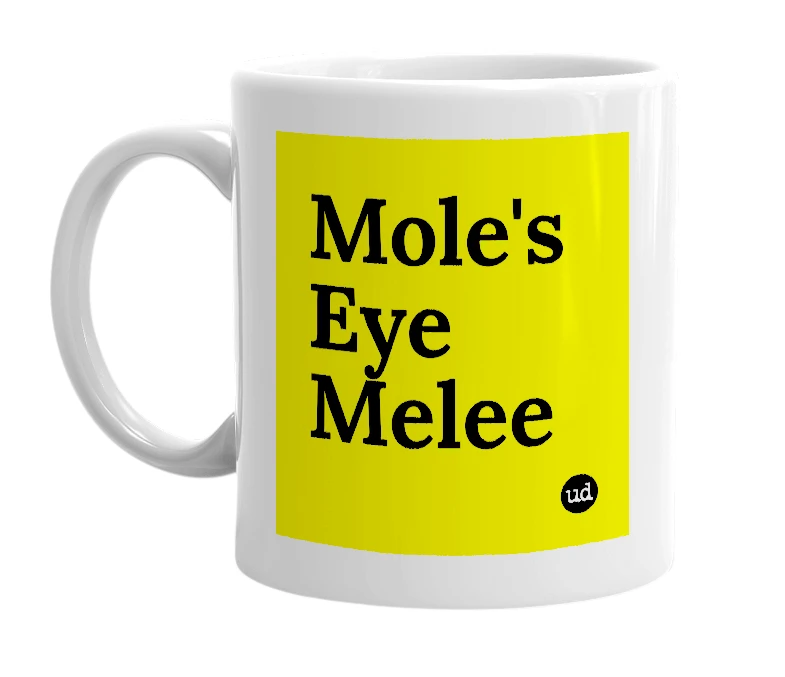 White mug with 'Mole's Eye Melee' in bold black letters