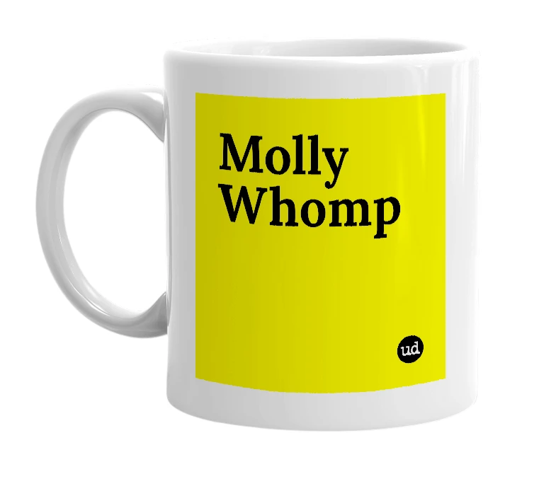 White mug with 'Molly Whomp' in bold black letters