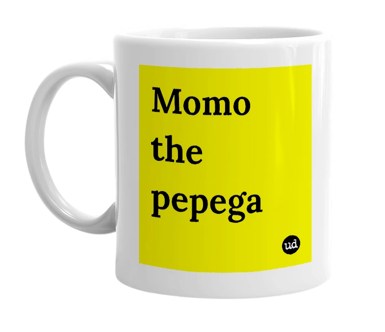 White mug with 'Momo the pepega' in bold black letters