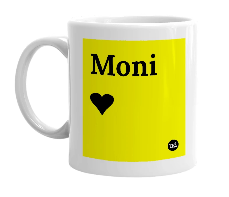 White mug with 'Moni ❤️' in bold black letters