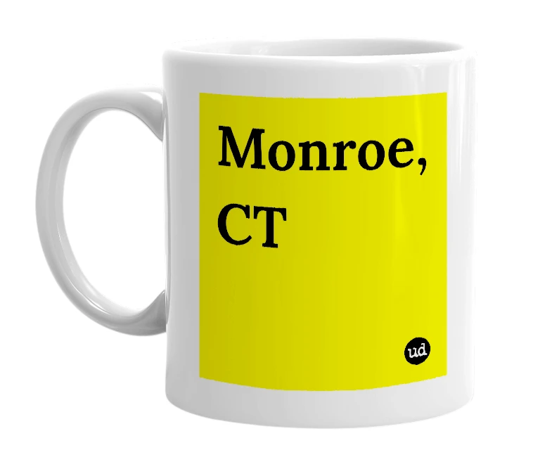 White mug with 'Monroe, CT' in bold black letters