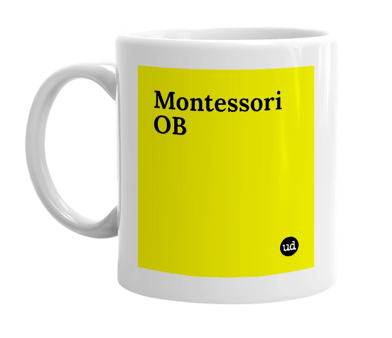 White mug with 'Montessori OB' in bold black letters