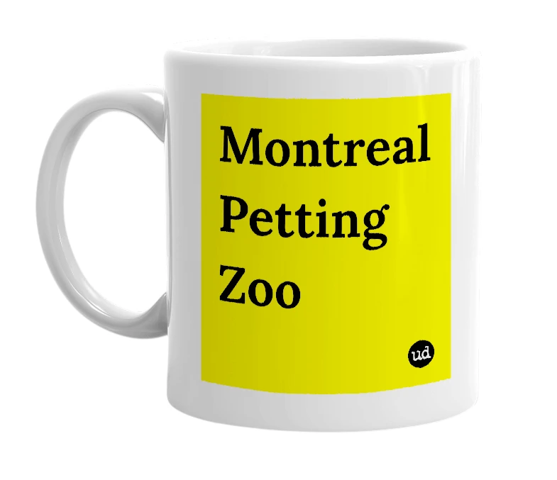 White mug with 'Montreal Petting Zoo' in bold black letters