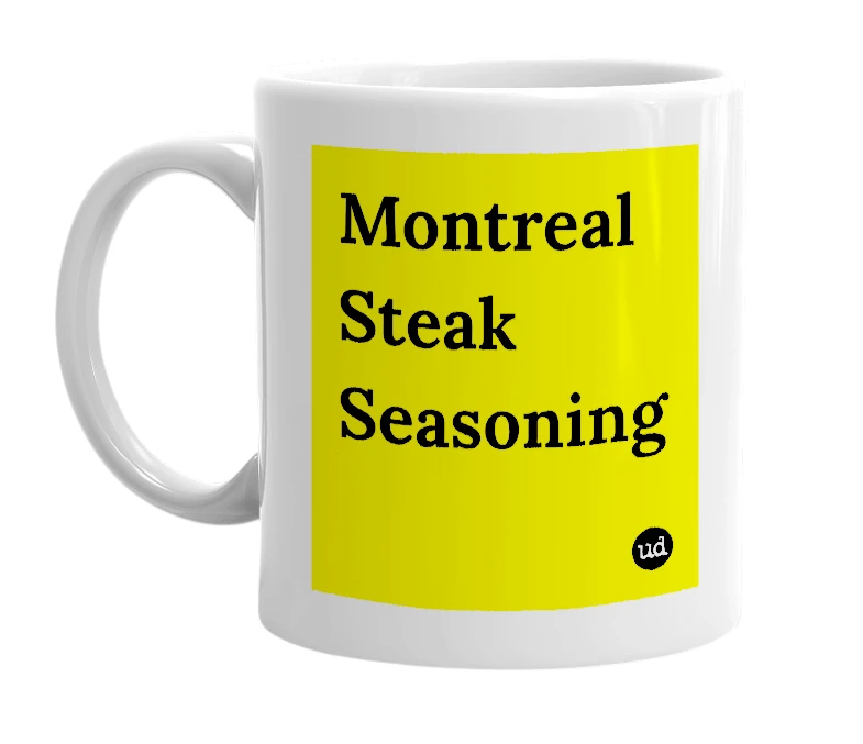 White mug with 'Montreal Steak Seasoning' in bold black letters