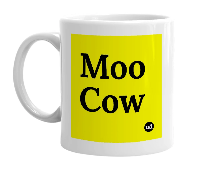 White mug with 'Moo Cow' in bold black letters