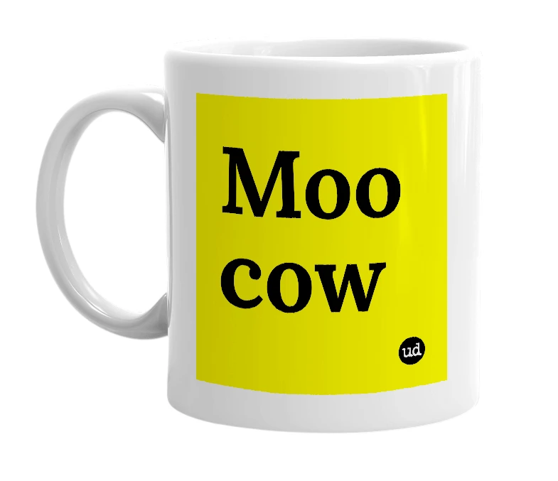 White mug with 'Moo cow' in bold black letters