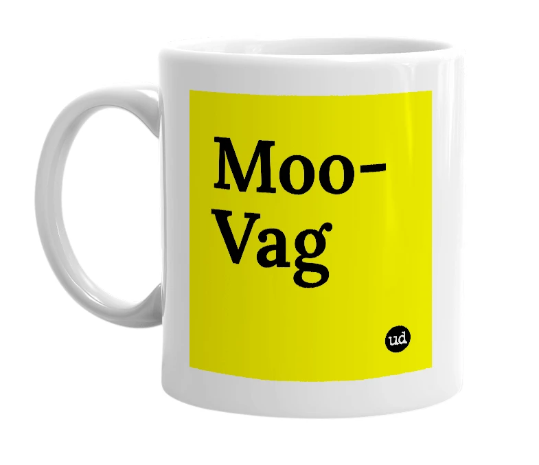 White mug with 'Moo-Vag' in bold black letters