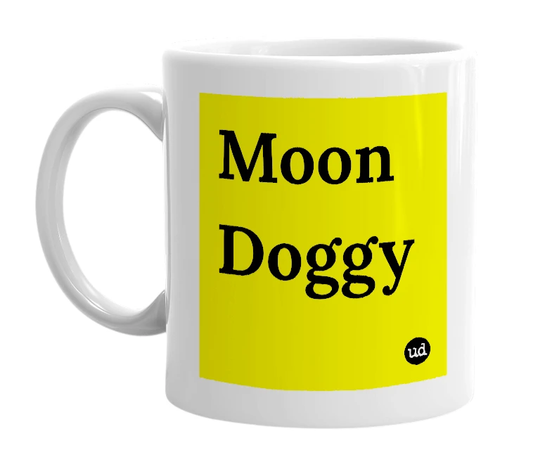 White mug with 'Moon Doggy' in bold black letters
