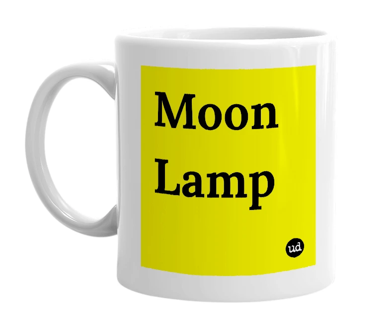 White mug with 'Moon Lamp' in bold black letters