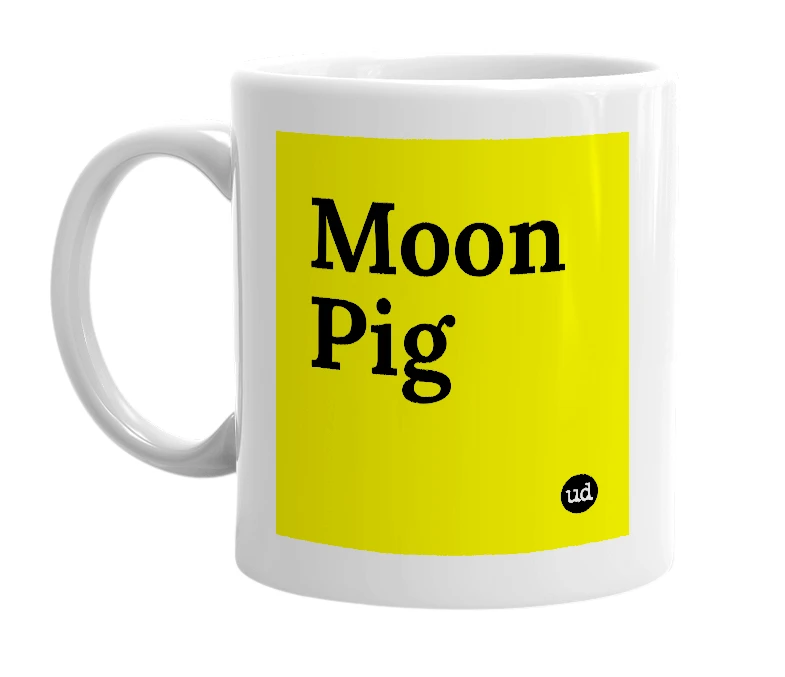 White mug with 'Moon Pig' in bold black letters