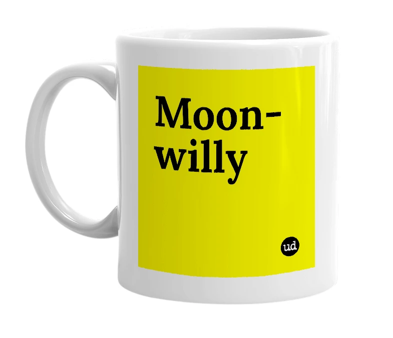 White mug with 'Moon-willy' in bold black letters