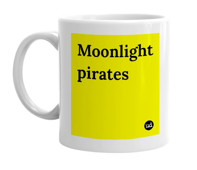 White mug with 'Moonlight pirates' in bold black letters