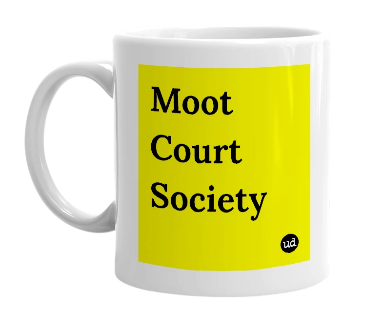 White mug with 'Moot Court Society' in bold black letters