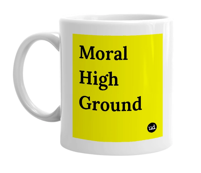 White mug with 'Moral High Ground' in bold black letters
