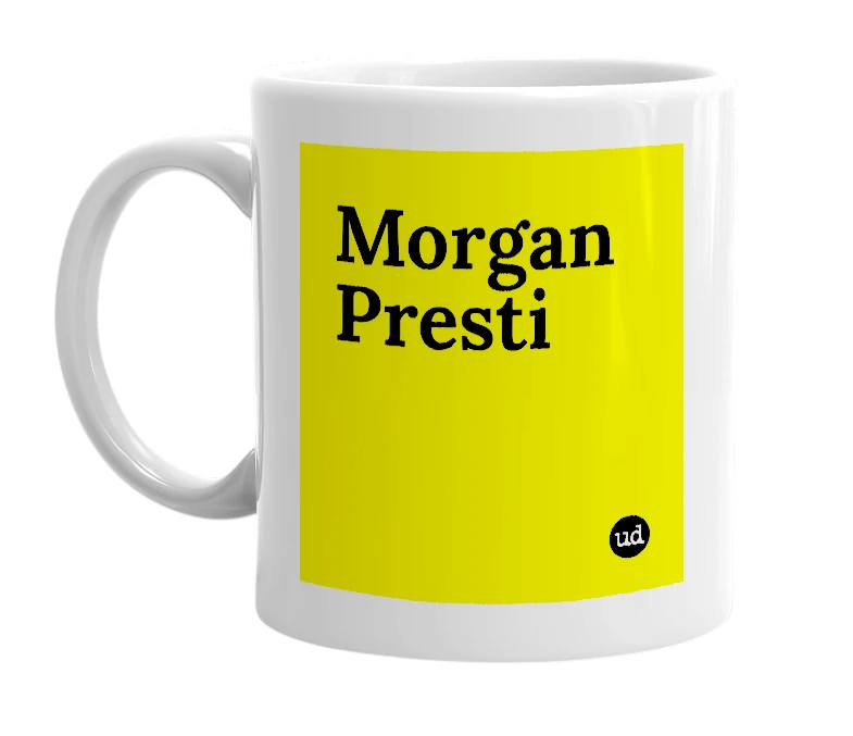 White mug with 'Morgan Presti' in bold black letters