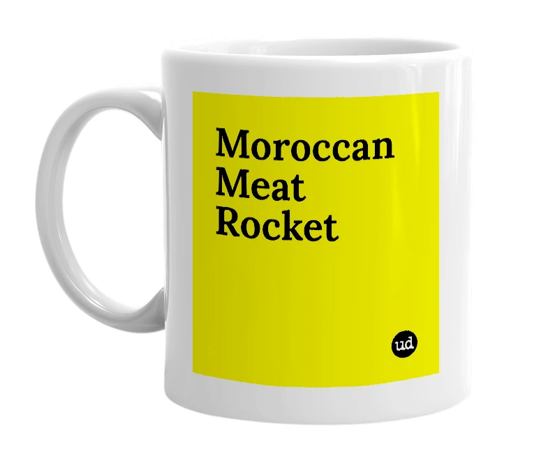 White mug with 'Moroccan Meat Rocket' in bold black letters