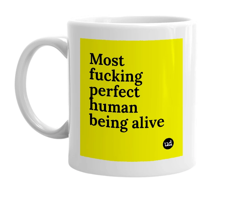 White mug with 'Most fucking perfect human being alive' in bold black letters