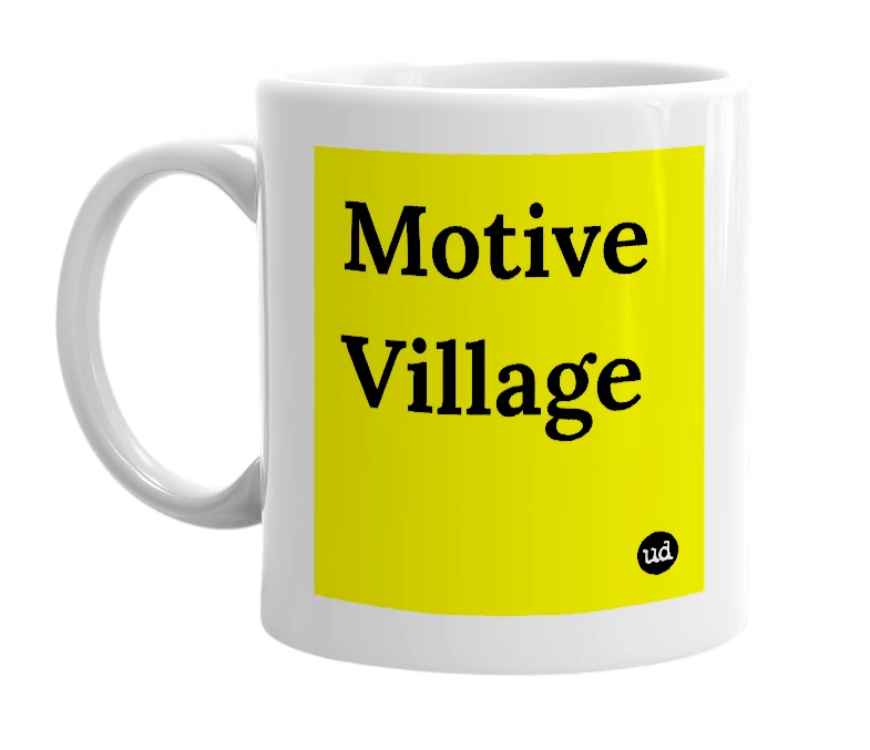 White mug with 'Motive Village' in bold black letters