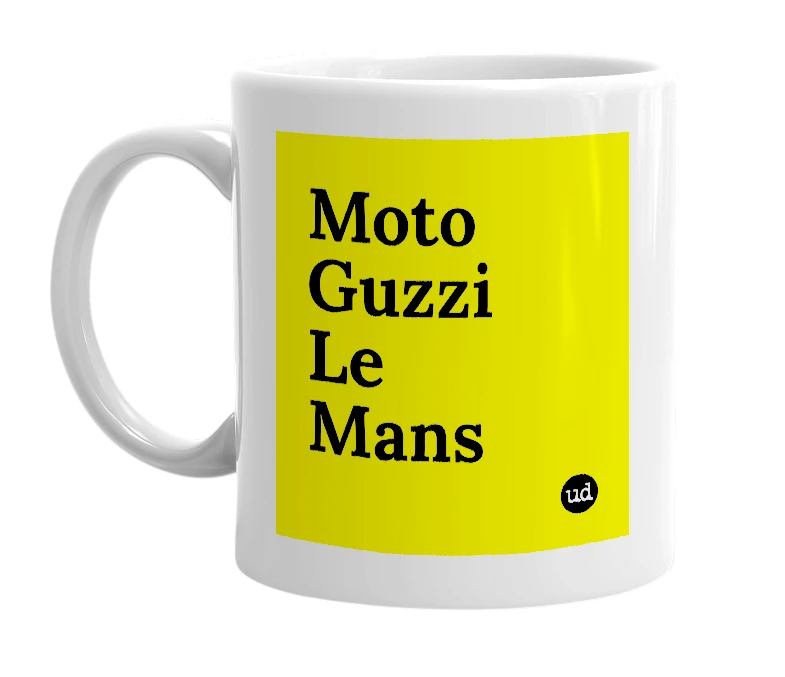 White mug with 'Moto Guzzi Le Mans' in bold black letters