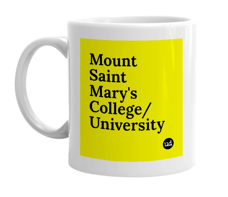 White mug with 'Mount Saint Mary's College/University' in bold black letters