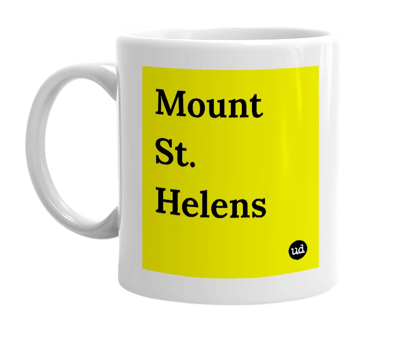White mug with 'Mount St. Helens' in bold black letters