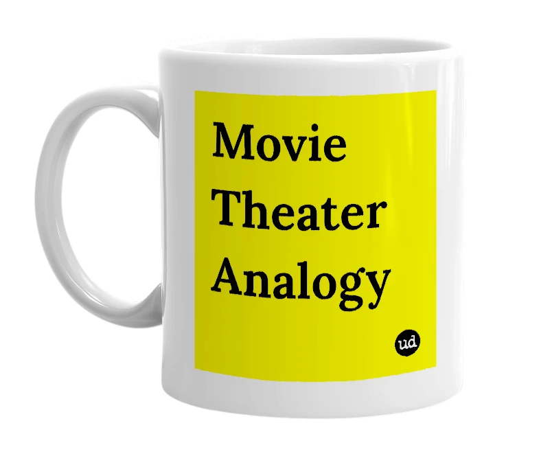 White mug with 'Movie Theater Analogy' in bold black letters