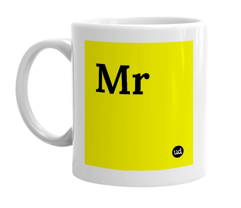 White mug with 'Mr' in bold black letters