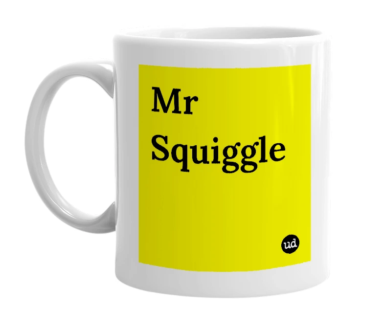 White mug with 'Mr Squiggle' in bold black letters