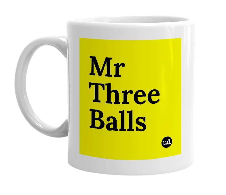 White mug with 'Mr Three Balls' in bold black letters