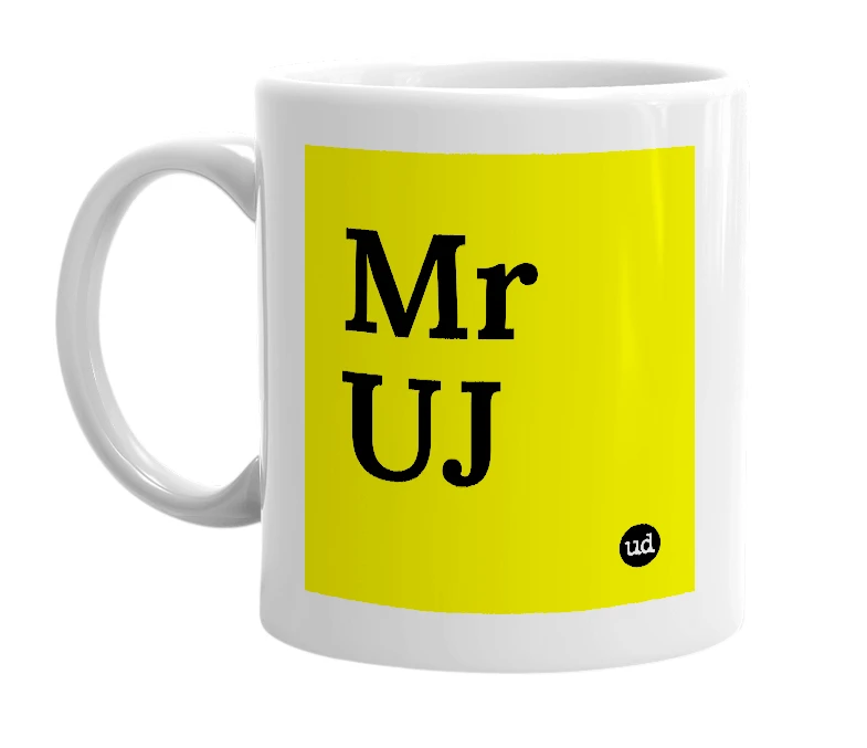 White mug with 'Mr UJ' in bold black letters