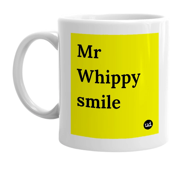 White mug with 'Mr Whippy smile' in bold black letters