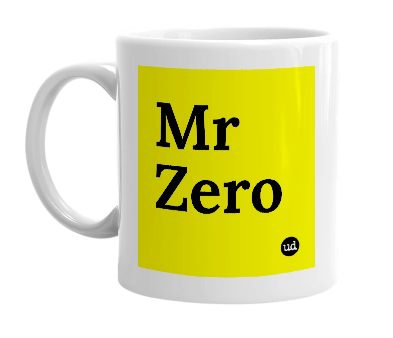 White mug with 'Mr Zero' in bold black letters