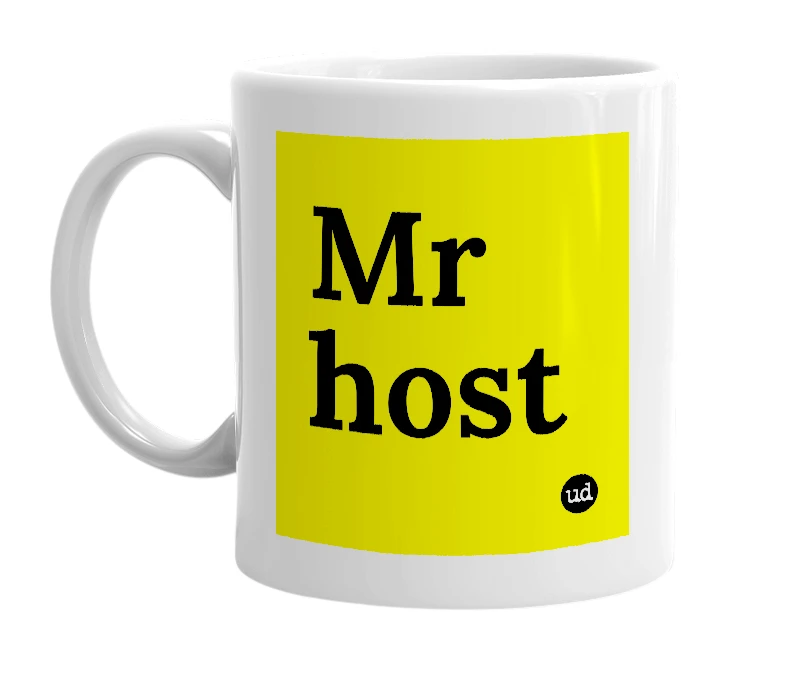 White mug with 'Mr host' in bold black letters