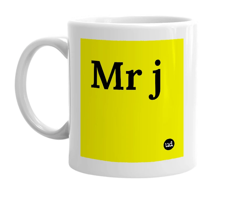 White mug with 'Mr j' in bold black letters