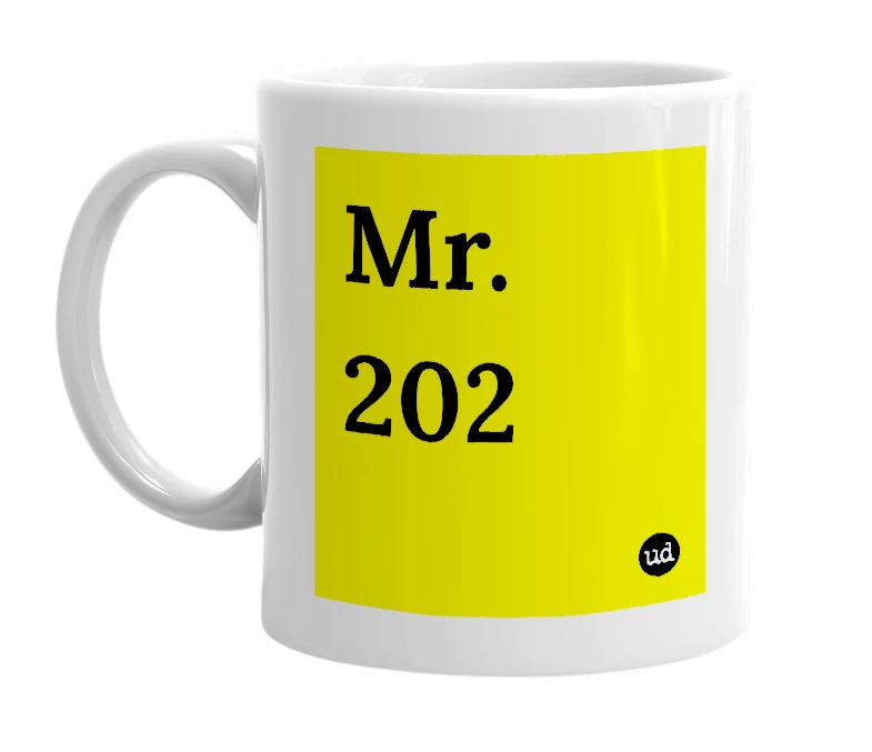 White mug with 'Mr. 202' in bold black letters