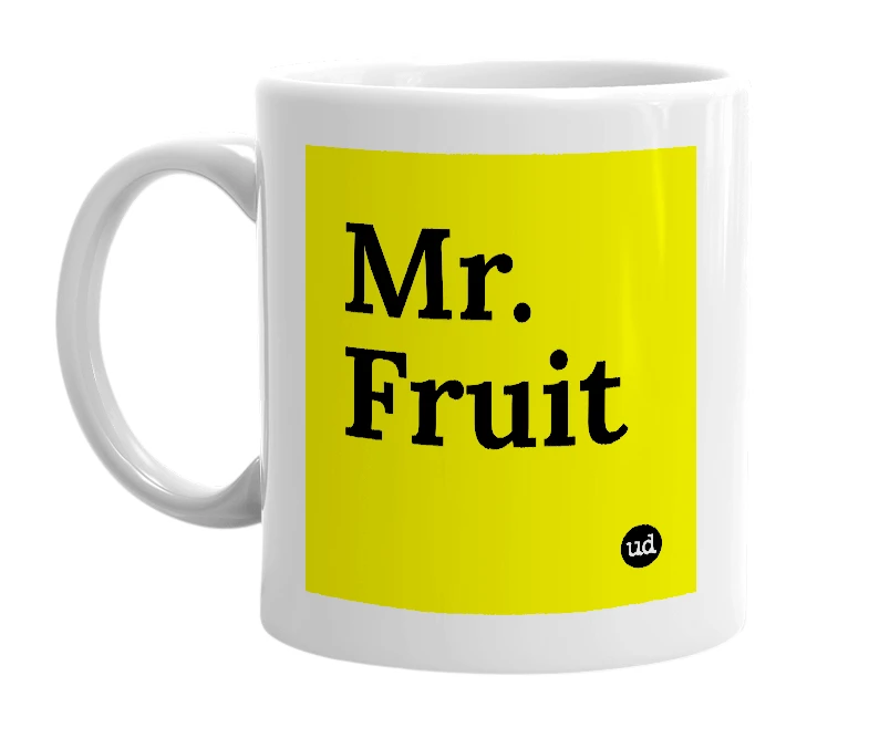 White mug with 'Mr. Fruit' in bold black letters