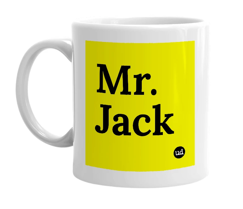 White mug with 'Mr. Jack' in bold black letters