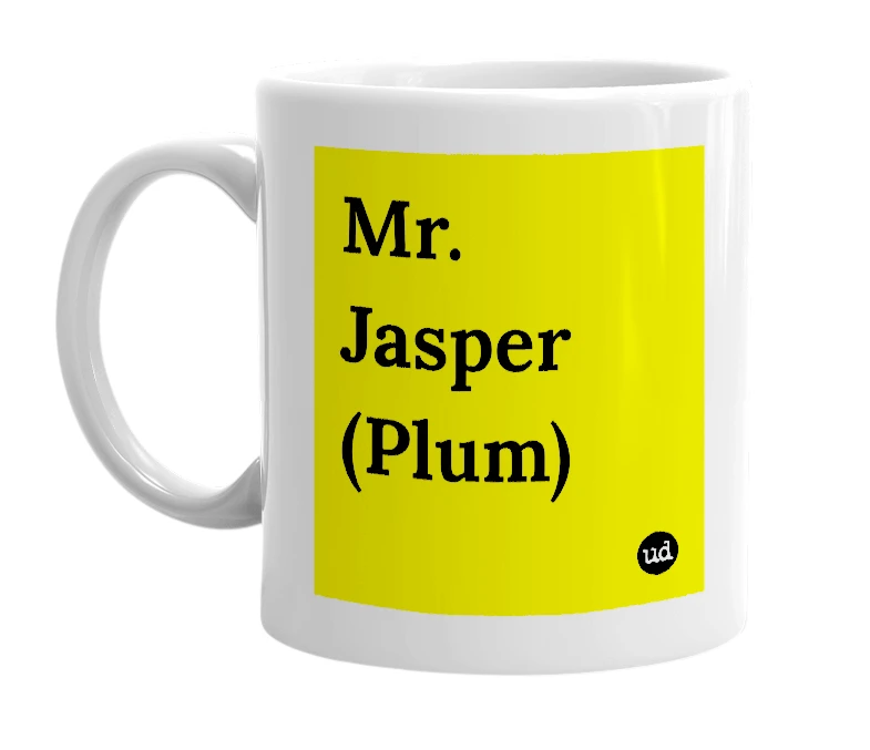 White mug with 'Mr. Jasper (Plum)' in bold black letters