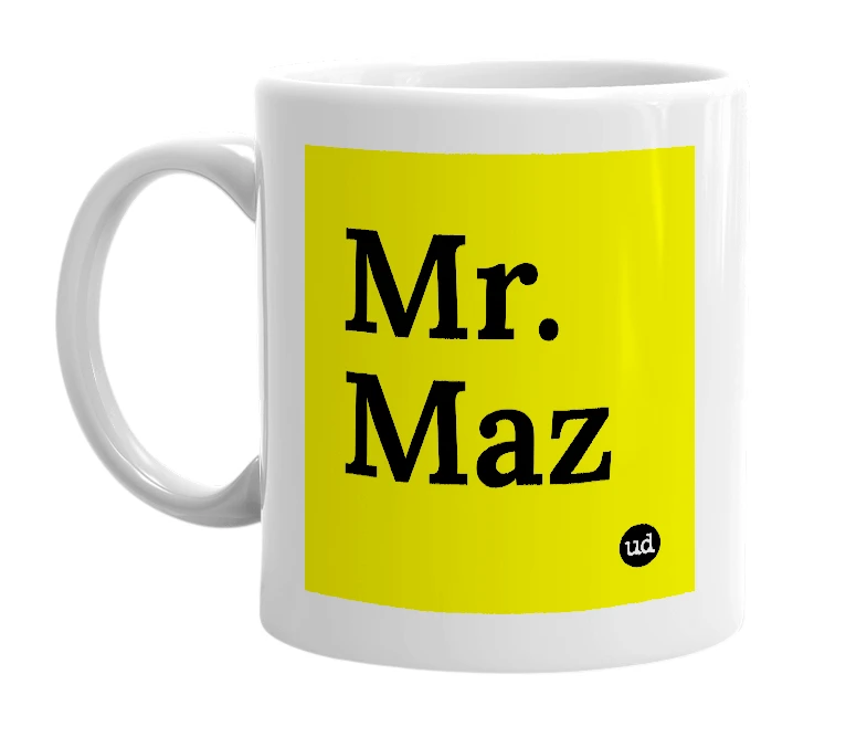 White mug with 'Mr. Maz' in bold black letters
